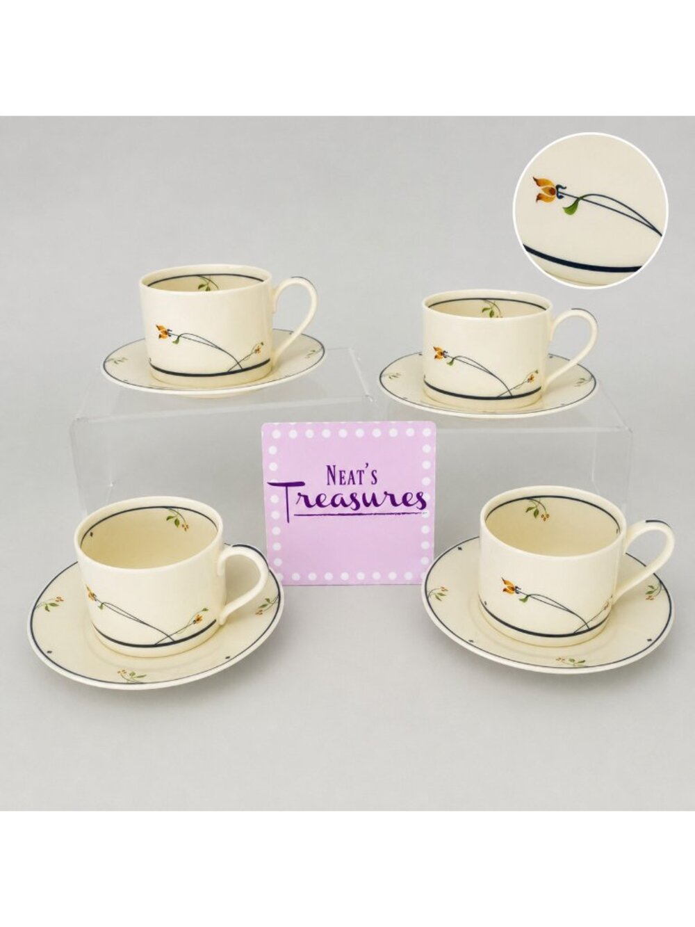 Gorham Town Country ARIANA Blue Band Flowers Porcelain Flat Cups & Saucers Set 4